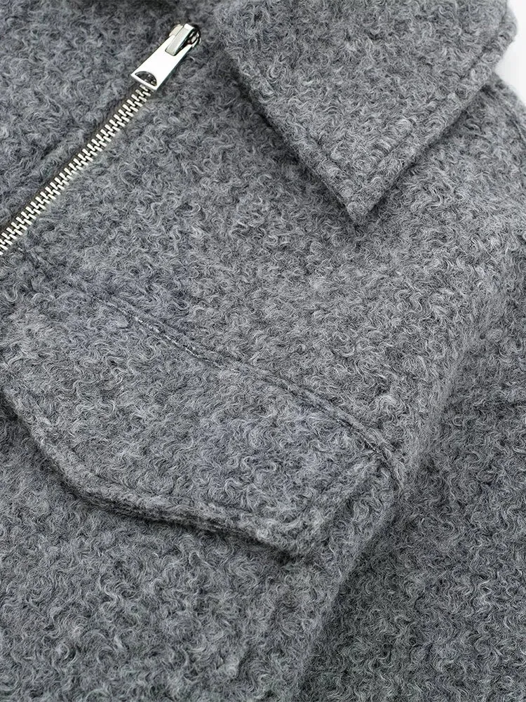 Vintage long sleeve Grey Front Zipper Jackets Outfits