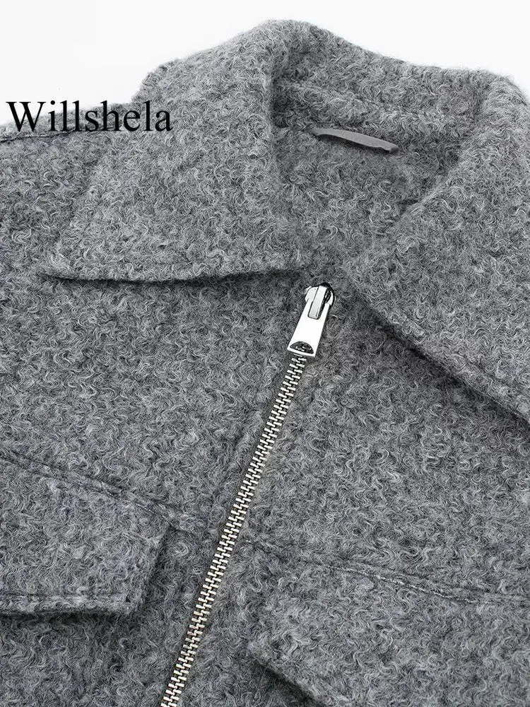 Vintage long sleeve Grey Front Zipper Jackets Outfits