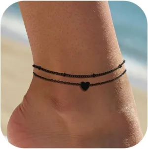 VIROMY Ankle Bracelets for Women Waterproof, 14k Gold Plated Heart Anklets for Women Non Tarnish Dainty Satellite Chain Summer Beach Jewelry Gifts