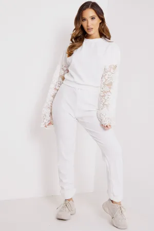White Lace Insert Top and Joggers Tracksuit Set