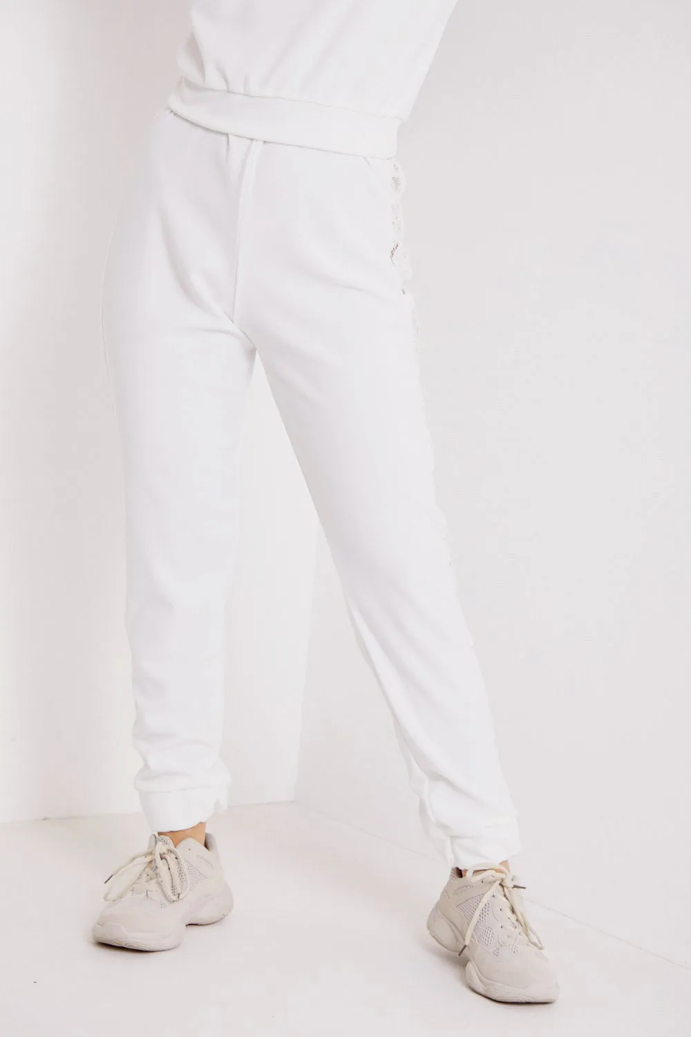 White Lace Insert Top and Joggers Tracksuit Set