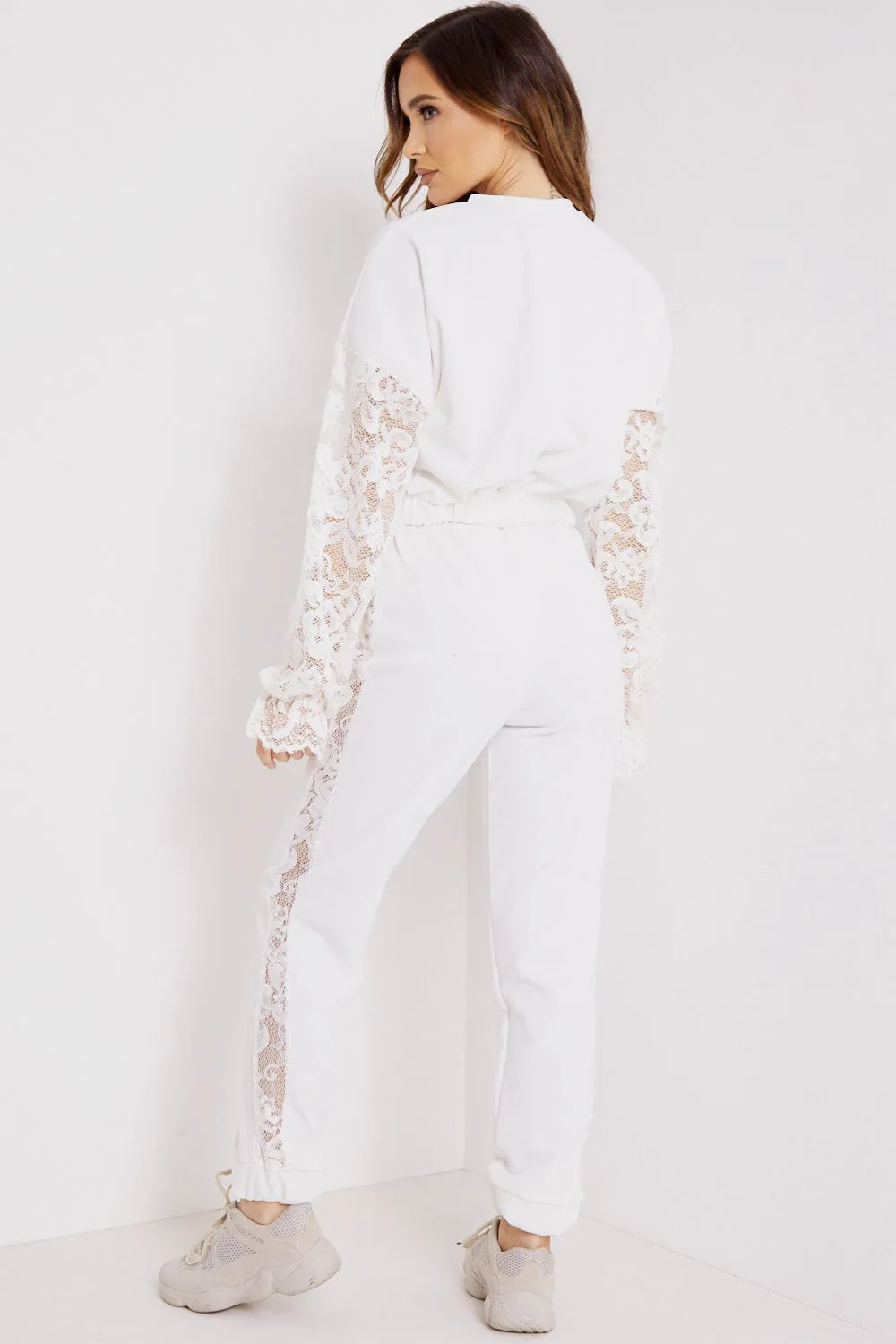 White Lace Insert Top and Joggers Tracksuit Set