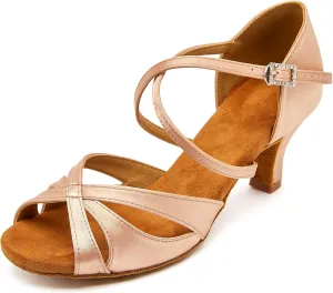 Women's Latin Dance Shoes Female's Ballroom Salsa Dance Shoes with 2.5" Heel(A-Style Nude Size 9.5)