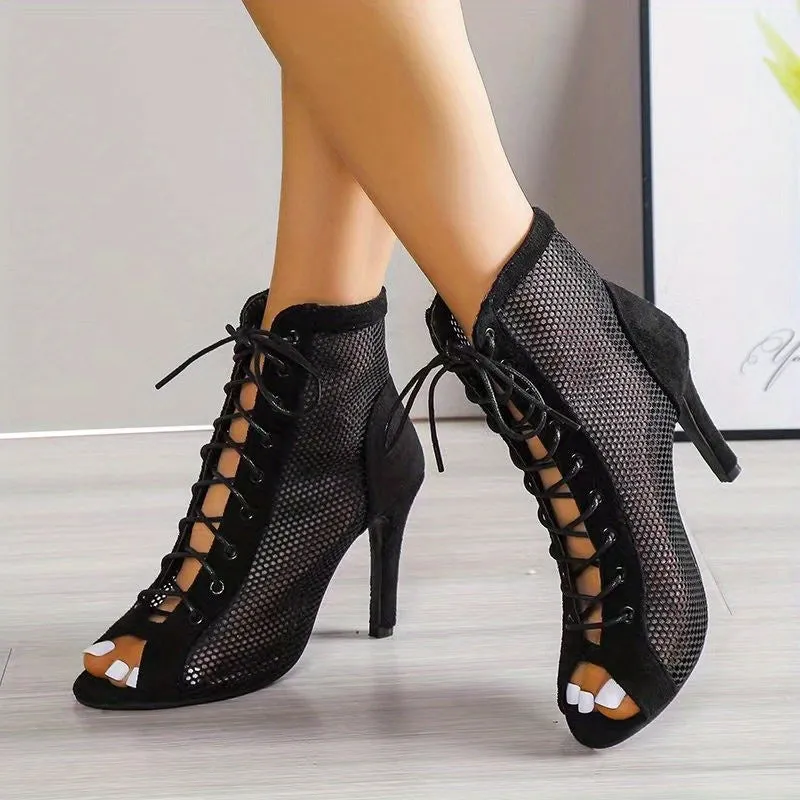 Women's Open Toe Stylish Mesh High Heels Lace Up Shoes