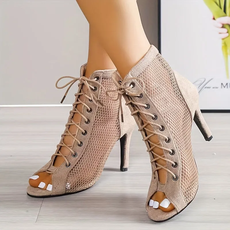 Women's Open Toe Stylish Mesh High Heels Lace Up Shoes