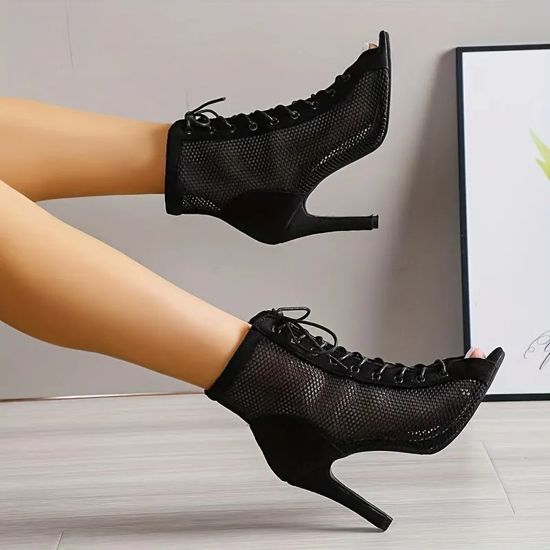 Women's Open Toe Stylish Mesh High Heels Lace Up Shoes