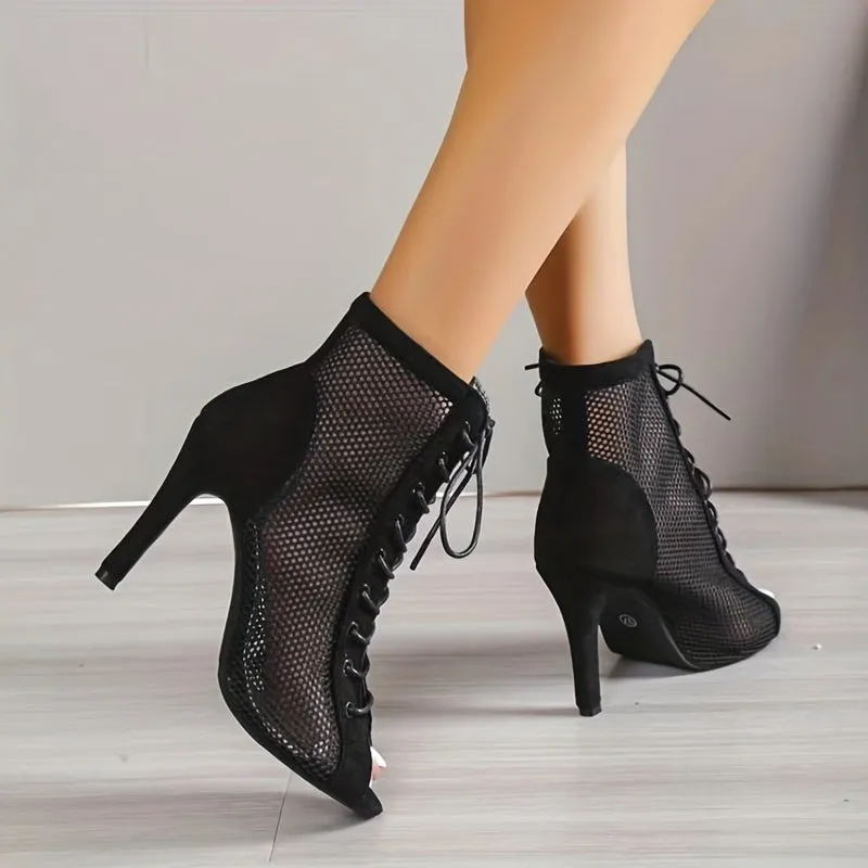 Women's Open Toe Stylish Mesh High Heels Lace Up Shoes