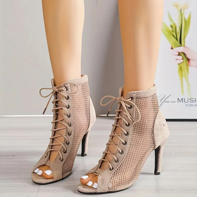 Women's Open Toe Stylish Mesh High Heels Lace Up Shoes