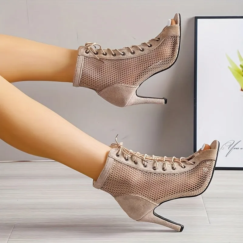 Women's Open Toe Stylish Mesh High Heels Lace Up Shoes
