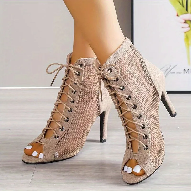 Women's Open Toe Stylish Mesh High Heels Lace Up Shoes