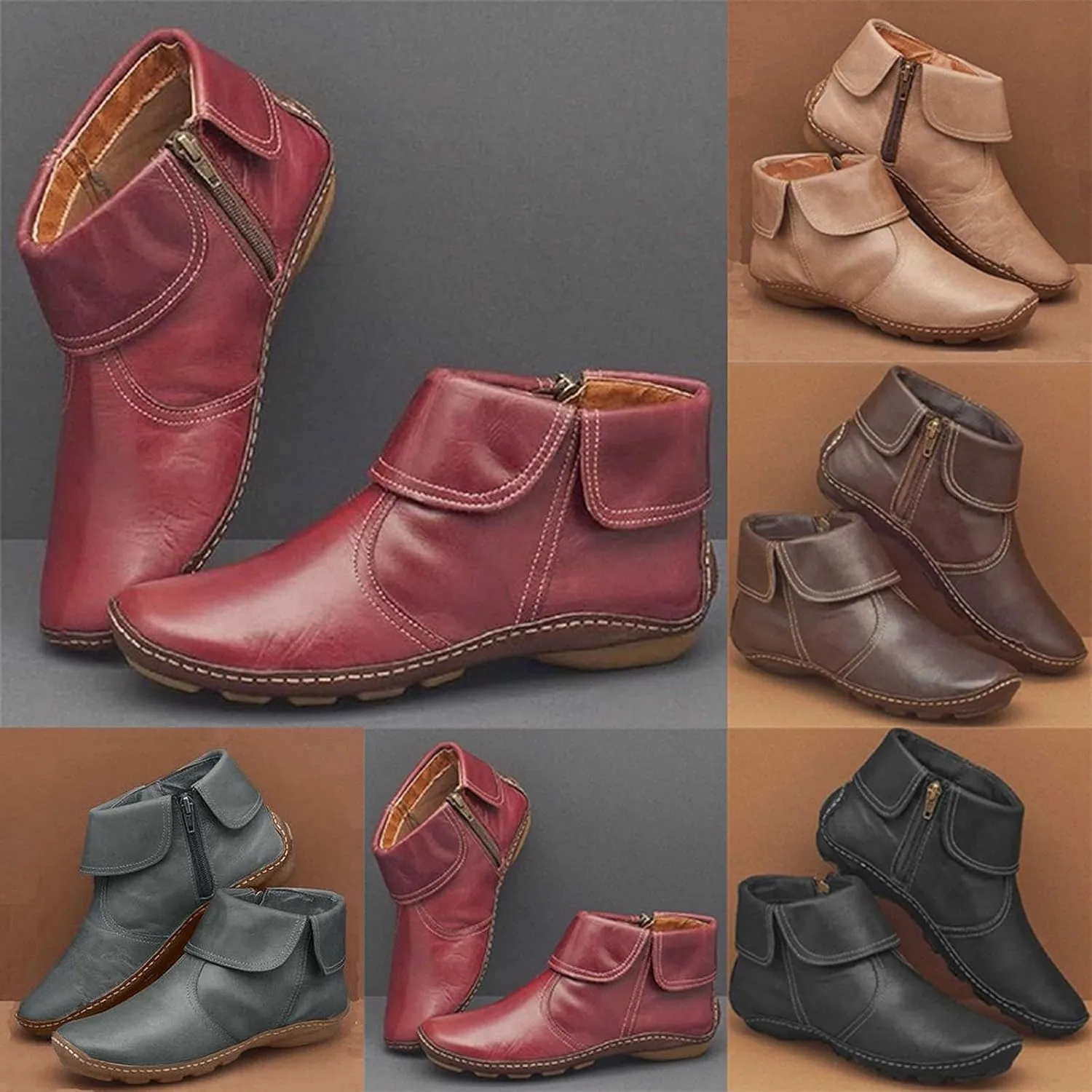Womens Snow Boots Ankle Brown Leather Booties Boots for Women Brown Barefoot Boot Closed Back Lightweight Breathable Lug Sole Low Heel Chelsea Fashion
