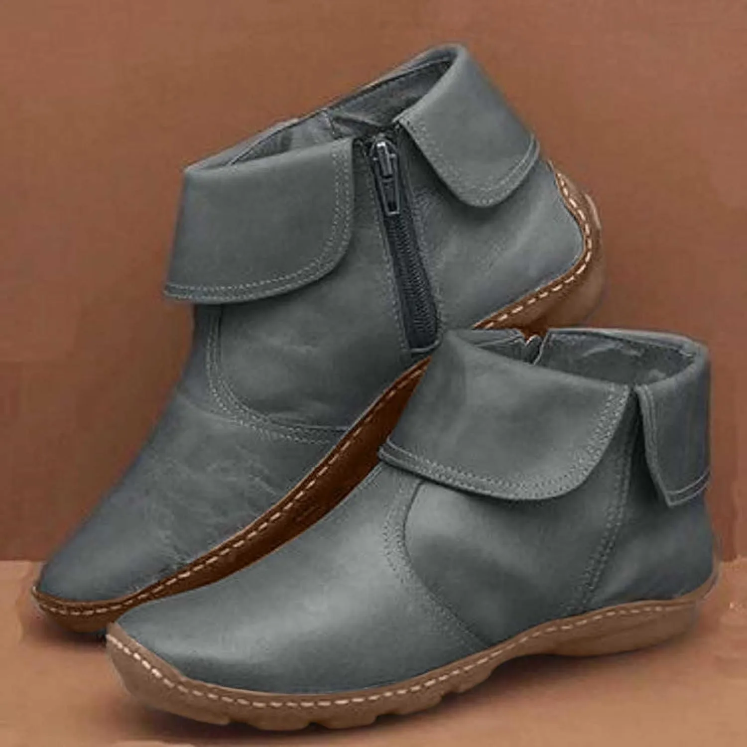 Womens Snow Boots Ankle Brown Leather Booties Boots for Women Brown Barefoot Boot Closed Back Lightweight Breathable Lug Sole Low Heel Chelsea Fashion