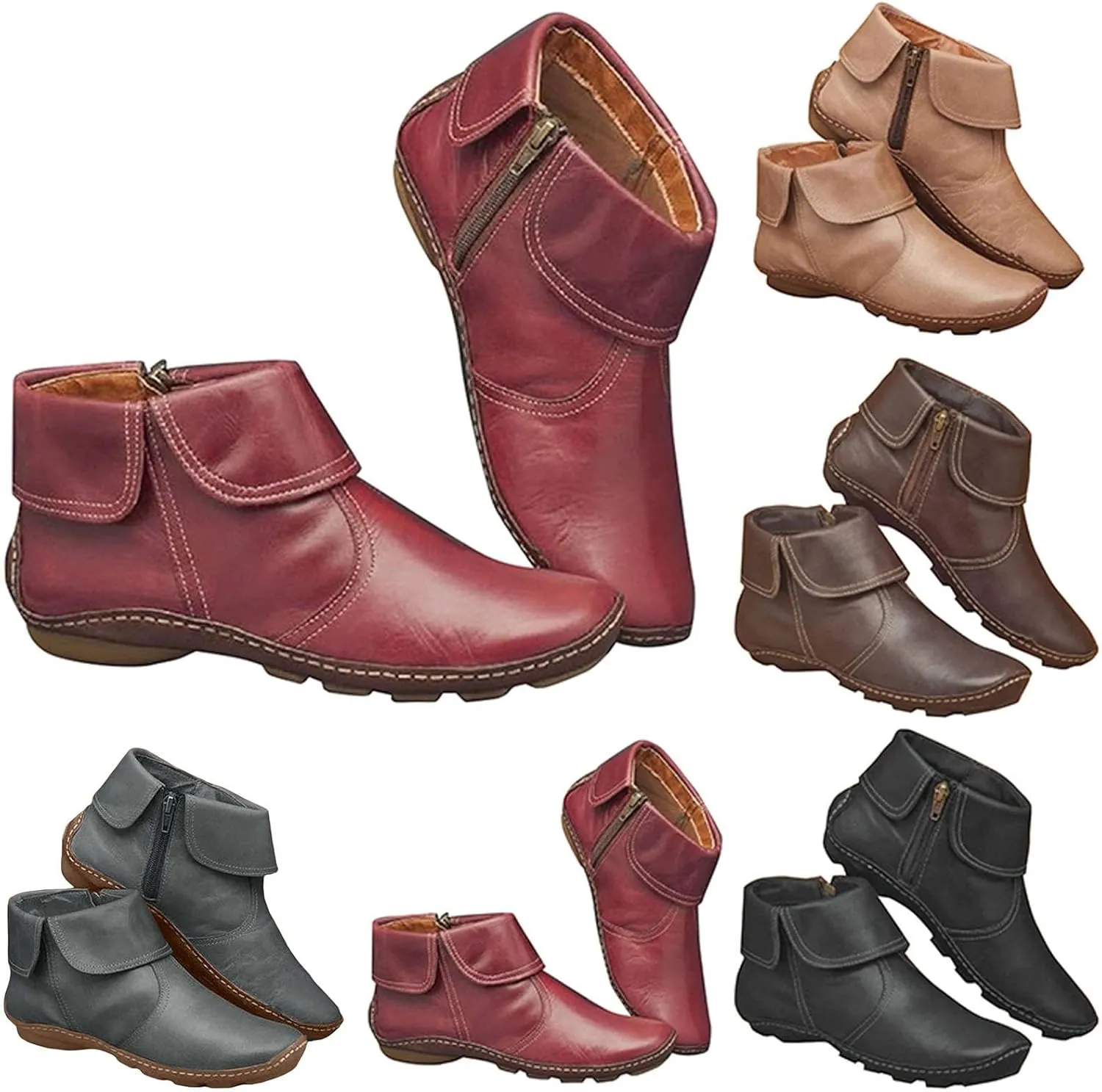 Womens Snow Boots Ankle Brown Leather Booties Boots for Women Brown Barefoot Boot Closed Back Lightweight Breathable Lug Sole Low Heel Chelsea Fashion