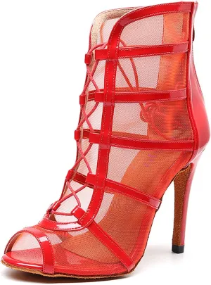 YKXLM Latin Dance Boots Salsa Women Ballroom Lace-up Ankle Open Toe Dance Shoes,1023,3.33 inch Heel,Red,9 US