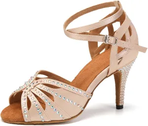 YKXLM Women Rhinestone Ballroom Dance Shoes Latin Performance Dance Shoes Women Suede Sole,L162,3 1/3 inches Heel,Beige,5 US