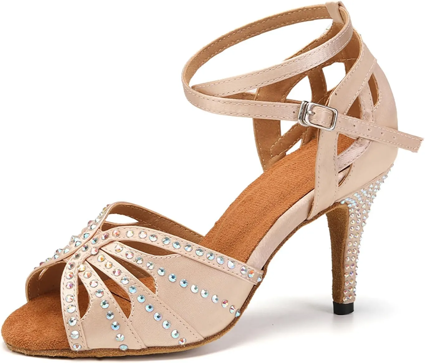 YKXLM Women Rhinestone Ballroom Dance Shoes Latin Performance Dance Shoes Women Suede Sole,L162,3 1/3 inches Heel,Beige,5 US