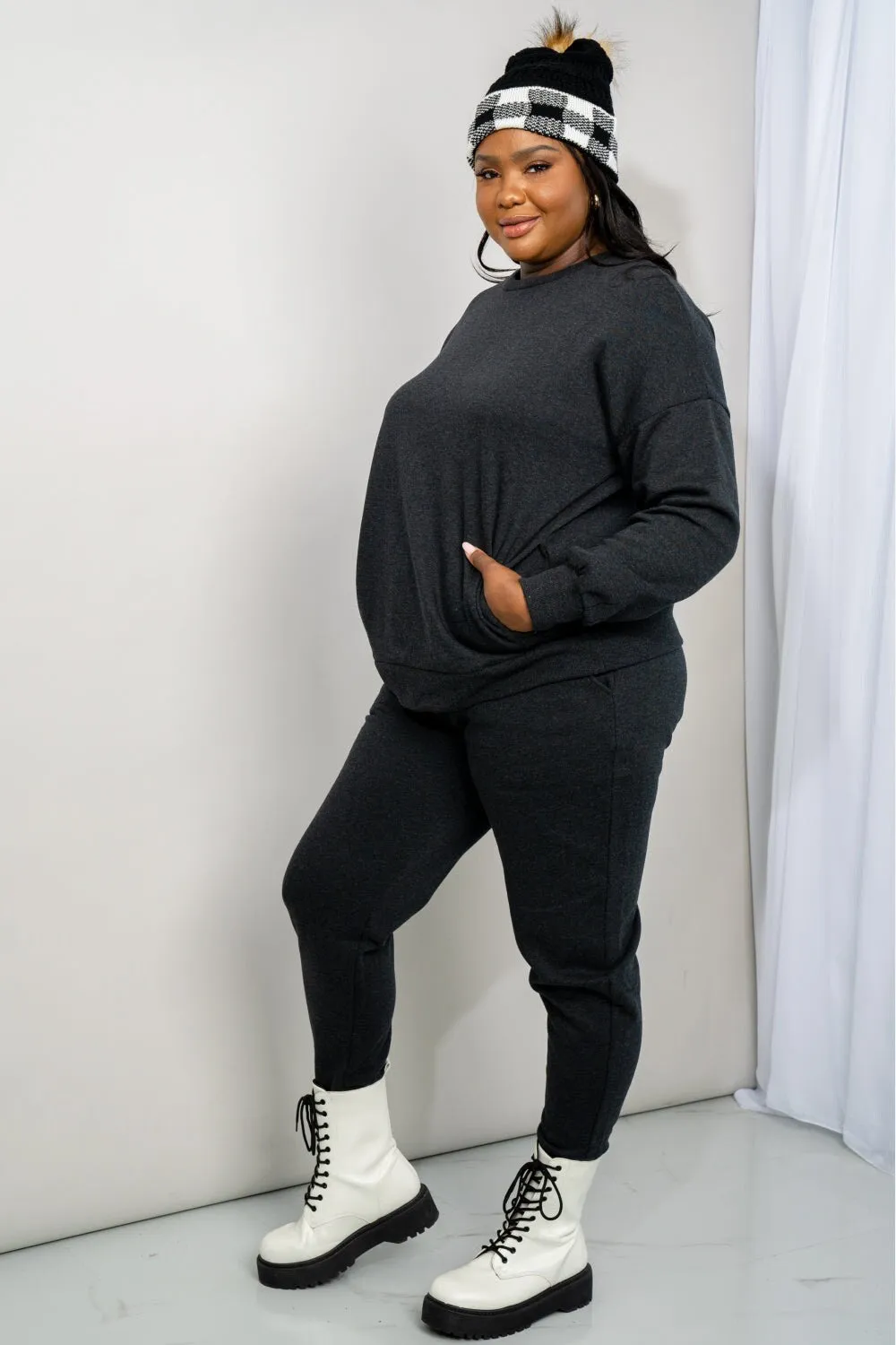 Zenana Full Size Sweatshirt and Joggers Lounge Set with Pockets in Charcoal | Dark Grey Plus and Regual Size Sporty Set | Soft Homewear