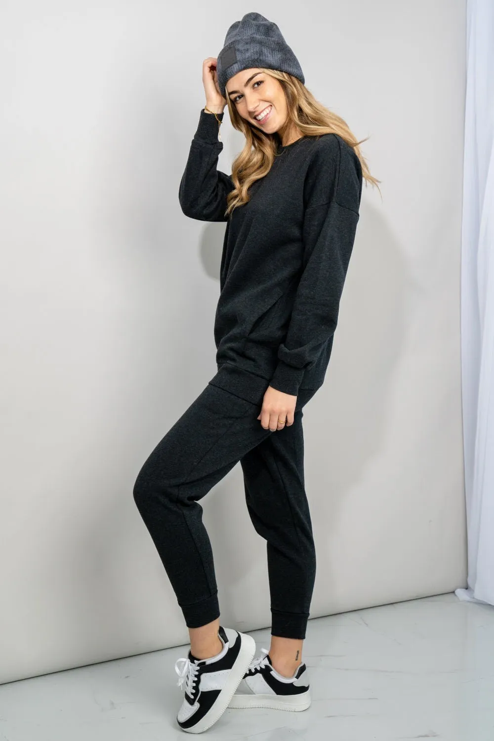 Zenana Full Size Sweatshirt and Joggers Lounge Set with Pockets in Charcoal | Dark Grey Plus and Regual Size Sporty Set | Soft Homewear