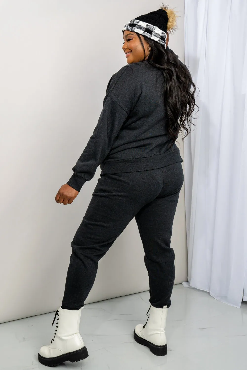 Zenana Full Size Sweatshirt and Joggers Lounge Set with Pockets in Charcoal | Dark Grey Plus and Regual Size Sporty Set | Soft Homewear