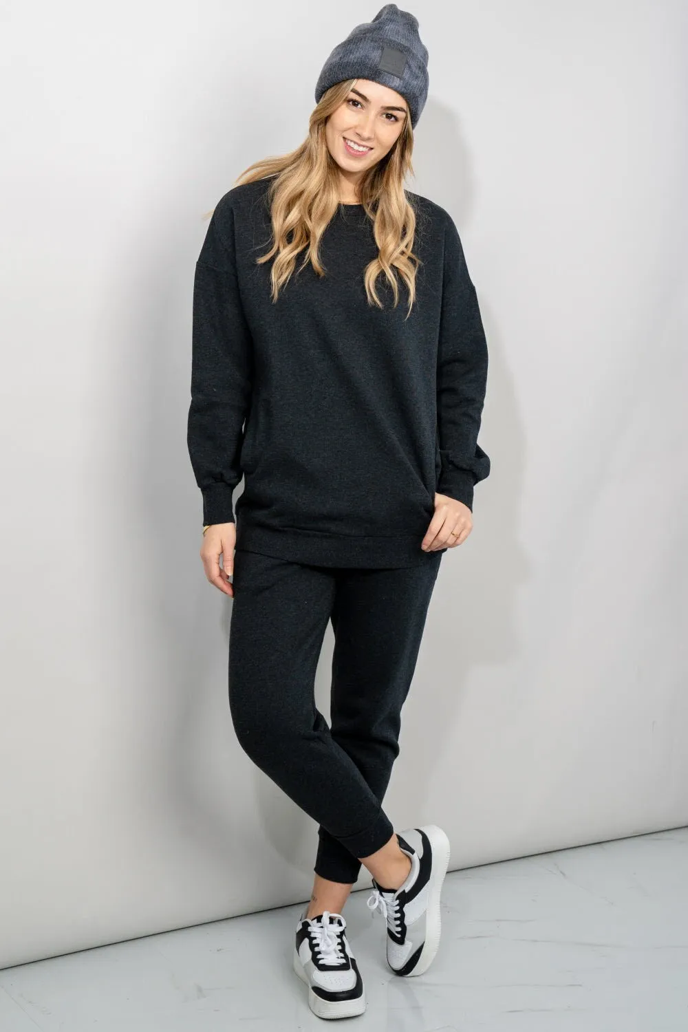 Zenana Full Size Sweatshirt and Joggers Lounge Set with Pockets in Charcoal | Dark Grey Plus and Regual Size Sporty Set | Soft Homewear