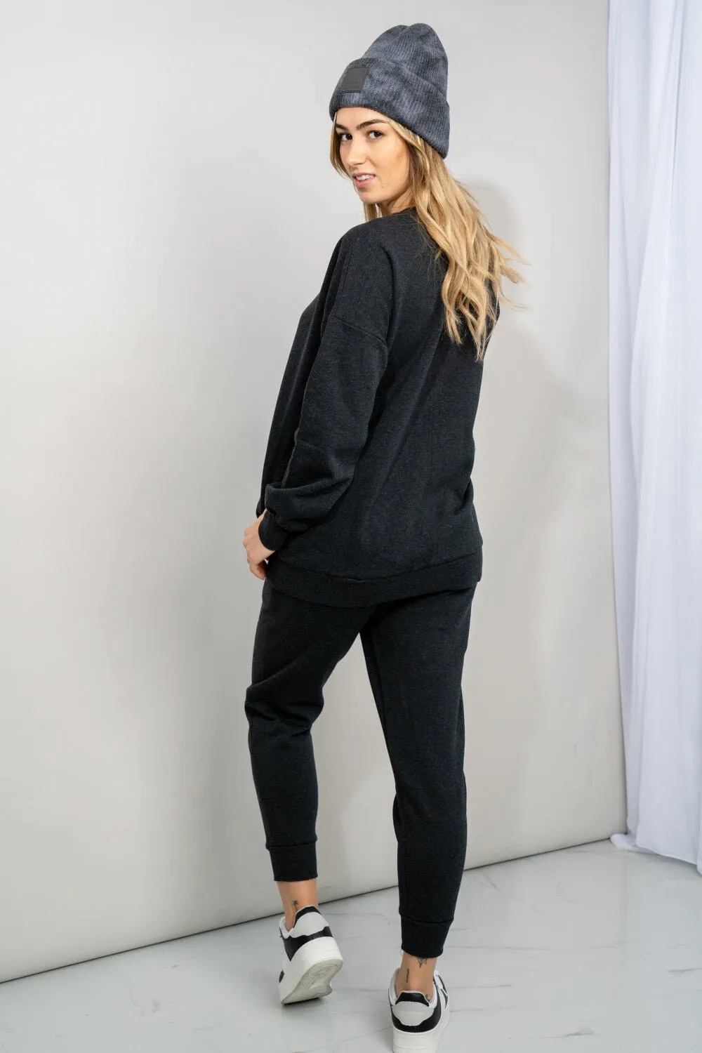 Zenana Full Size Sweatshirt and Joggers Lounge Set with Pockets in Charcoal | Dark Grey Plus and Regual Size Sporty Set | Soft Homewear